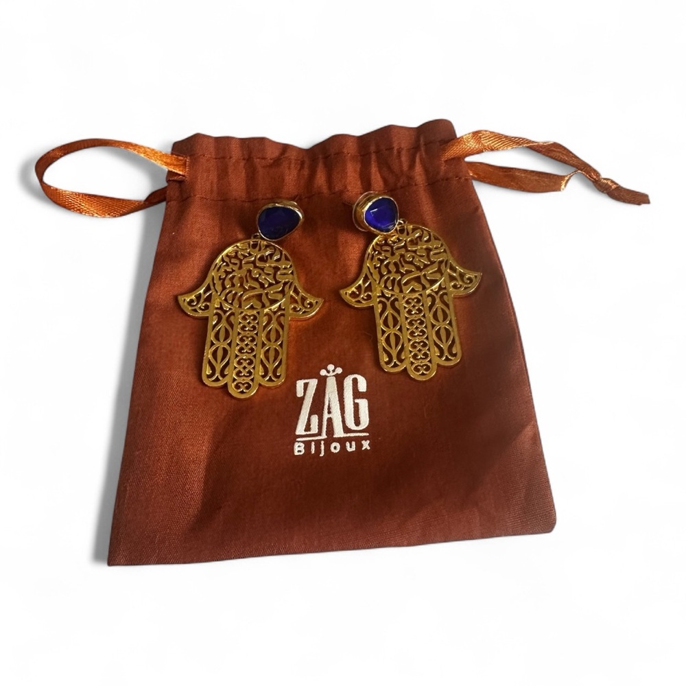 ZAG BIJOUX PARIS Hamsa Statement Earrings - Gold & Royal Blue Genuine Gemstone